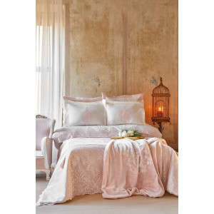 Набор постельного белья с покрывалом + плед Karaca Home - Desire pudra 2020-1 пудра евро (10)